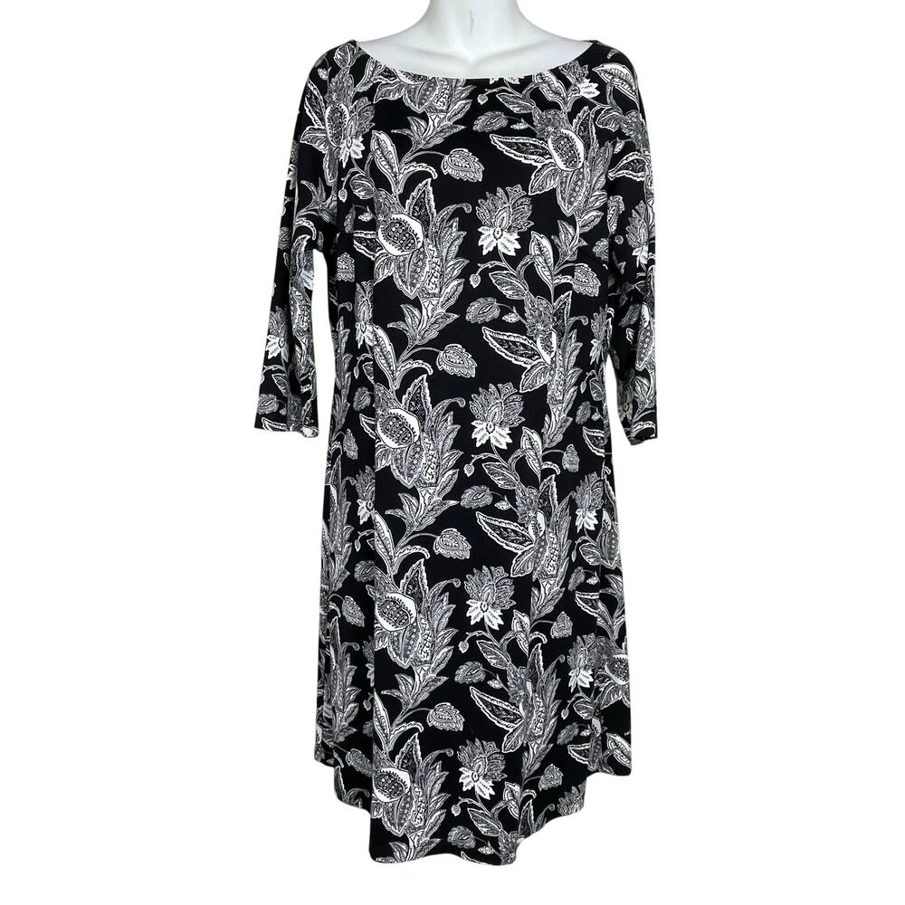 J. McLaughlin Catalina Leafy Floral Black White Sheath Dress Size L Workwear